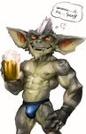 abs absurd_res alcohol anthro beer beer_mug beverage clothing dagantfus_(artist) english_text facial_piercing gremlin_(gremlins) gremlins hi_res humanoid male mogwai muscular muscular_anthro muscular_male nipple_piercing nipples nose_piercing nose_ring pecs piercing ring_piercing scales solo stripes text thong underwear