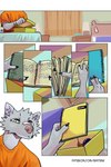 2:3 bandage bastriw bedroom canid canine canis clothing comic dialogue digital_drawing_(artwork) digital_media_(artwork) fur green_eyes grey_body grey_fur hi_res male mammal nico_(bastriw) notebook orange_clothing orange_shirt orange_topwear shaded shirt text topwear url wolf