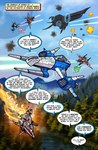 2020 aircraft anthro battle biped blue_sky canid canine canis colored comic day dialogue dialogue_box english_text explosion fire forest gunfire heresy_(artist) lancer:_the_knights_of_fenris laser male mammal outside plant river rolf_garret shooting sky solo speech_bubble text tree vehicle water wolf