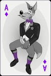 ace_of_diamonds anthro balls black_tie_(suit) bow_tie canid canine canis card card_template clothed clothing diamonds_(suit) digital_media_(artwork) erection eyewear facial_hair footwear fur genitals half-closed_eyes hi_res holding_penis humanoid_genitalia humanoid_penis legwear looking_at_viewer male mammal metro-goldwyn-mayer mustache narrowed_eyes neenya penis playing_card playing_card_template red_hot shoes simple_background smile sock_garters socks solo suit suit_symbol tex_avery tex_avery_wolf wolf