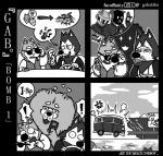 5_fingers ^_^ anthro apple_inc. argument audio_cassette bau_husky black_nose canid canine canis car cassette_tape chow_chow clothed clothing comic cringing cross-popping_vein dialogue domestic_dog electronics english_text exclamation_point eye_contact eyebrows eyes_closed eyewear fingers front_view fully_clothed fur gab_(comic) gab_shiba gabshiba glowing glowing_eyes greyscale group half-closed_eyes heart_symbol husky inside_car ipod jacket looking_at_another male mammal monochrome musical_note musical_symbol narrowed_eyes nordic_sled_dog pictographics portable_music_player shiba_inu shocked siberian_husky smile spitz sunglasses symbol text topwear usb usb_drive usb_stick vehicle wang_chow