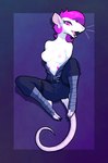 albino anthro areola biped border breasts clothing digital_drawing_(artwork) digital_media_(artwork) female female_anthro footwear fur hair jumpsuit looking_at_viewer mammal murid murine nipples open_jumpsuit open_mouth outside_border phlegraofmystery pink_eyes pink_hair purple_background rat rodent signature simple_background solo tail topwear_down undressing whiskers white_body white_fur