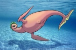 2000 blue_eyes breasts copyright_symbol dr_comet female feral genitals hi_res humanoid_genitalia humanoid_pussy marine nipples non-mammal_breasts non-mammal_nipples pink_body pink_skin pussy serendipity serendipity_the_pink_dragon solo symbol underwater water