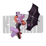 1:1 absurd_res anthro artist_name bat clothing female footwear green_eyes grin hi_res hooded_jacket jacket jumping kemari ko-mori mammal purple_body shoes simple_background smile solo spade_tail tail text text_background topwear umbrella white_background zipper