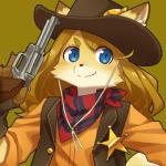 1:1 ambiguous_gender anthro badge bandanna blush brown_background brown_hair canid canine clothed clothing concon-collector cowboy_hat fingers fox fully_clothed fur gun hair handgun hat headgear headwear kemono kerchief mammal official_art ranged_weapon revolver simple_background smile snout solo topwear vest wastelander_chris weapon yow