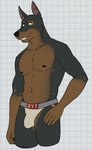 2024 5_fingers abs anthro biped black_body black_claws black_fur black_nipples black_nose brown_body brown_eyebrows brown_fur bulge canid canine canis checkered checkered_background claws clothed clothing digital_drawing_(artwork) digital_media_(artwork) dobermann domestic_dog ear_piercing eyebrows fingers fur green_eyes hand_on_leg hand_on_thigh hi_res jockstrap jockstrap_only looking_aside male male_anthro mammal markings marruk_(roads_yet_traveled) mole_(marking) multicolored_body multicolored_clothing multicolored_underwear muscular muscular_anthro muscular_male navel nipples partially_clothed partially_clothed_male pattern_background pecs piercing pink_inner_ear pinscher portrait raised_eyebrow roads_yet_traveled short_fur simple_background solo spots spotted_markings standing teeth thick_thighs three-quarter_portrait toothy_grin topless underwear underwear_only unsafescapewolf whiskers white_background white_clothing white_jockstrap white_sclera white_underwear