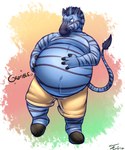 2017 4_fingers anthro belly big_belly blue_body blue_stripes bottomwear clothing digestion digestion_noises digital_media_(artwork) equid equine eyewear featureless_chest fingers glasses hi_res holding_belly hooves huge_belly male mammal navel obese obese_anthro overweight overweight_anthro shirtless_male shorts simple_background solo stripes tail tail_tuft tanio toony tuft zebra