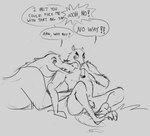 angry anteater anthro comic condom crocodile crocodilian cuddling dialogue duo english_text flaccid genitals grivaire grivaire_(character) hi_res male male/male mammal monochrome musclegut muscular penis pilosan reptile scalie sexual_barrier_device size_difference text xenarthran