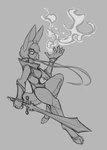 anthro armor digital_drawing_(artwork) digital_media_(artwork) elemental_manipulation eyewear female fire goggles grey_background hi_res lagomorph lazuli_delarosa leporid looking_at_viewer mammal melee_weapon monochrome rabbit simple_background solo sword watsup weapon