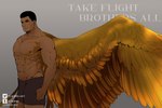 3:2 abs black_hair brown_eyes clothing cody_(star_wars) english_text feathers golden_wings gradient_background hair humanoid looking_aside male muscular muscular_male nipples not_furry simple_background solo text underwear watermark wing_muscles winged_humanoid wings yukipri