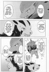 angry anthro bodily_fluids comic dialogue english_text feral fur generation_3_pokemon generation_5_pokemon greyscale hi_res kemoribbon male mightyena monochrome nintendo open_mouth paws pokemon pokemon_(species) sweat text translated zoroark