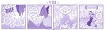 4koma ambiguous_gender anthro base_one_layout braver_(vavacung) clothing comic dialogue disaster_dragon dragon duo english_text feral four_frame_image gameplay_mechanics hi_res kobold mask monochrome mythological_creature mythological_scalie mythology one_row_layout purple_theme scalie tail text vavacung