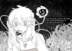 2021 ambiguous_gender anthro asriel_dreemurr big_ears biped black_and_white black_background bodily_fluids boss_monster_(undertale) clothing dialogue dialogue_box digital_media_(artwork) distressed duo elemental_creature english_text fangs flora_fauna flower flower_creature flowey_the_flower hair hand_on_head head_tuft heart_locket hi_res holding_head jewelry monochrome nails necklace open_mouth pattern_clothing plant sharp_nails simple_background smile spider_lily striped_clothing stripes sweat sweatdrop teeth text thorns tuft undertale undertale_(series) unyunloveflowey