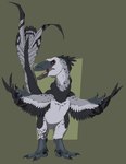 2024 achillobator ambiguous_gender biped black_body black_claws black_feathers cel_shading claws digital_drawing_(artwork) digital_media_(artwork) digitigrade dinosaur dromaeosaurid echoes_of_extinction feathered_dinosaur feathered_scalie feathers feral front_view full-length_portrait green_background grey_body grey_feathers grey_scales hi_res ivalodon open_mouth portrait prehistoric_species red_eyes red_sclera reptile scales scalie shaded sharp_teeth simple_background snout solo spread_arms standing teeth theropod white_body white_feathers