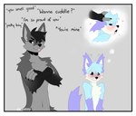 2024 anthro blue_body blue_fur blush border canid canine crossed_arms dialogue digital_media_(artwork) duo english_text fox fur grey_background heart_symbol looking_at_another male mammal simple_background spraykitty text thought_bubble white_body white_border white_fur