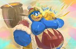 anthro avian bird bodily_fluids breasts debudraws dialogue furrowed_eyebrows glistening glistening_body hammer hi_res king_dedede kirby_(series) laugh looking_at_viewer male moobs nintendo nipples overweight overweight_male smile solo sweat tools