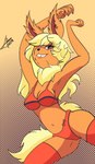 2019 anthro black_nose blonde_hair bra breasts clothing ear_piercing ear_ring eeveelution female flareon fluffy fluffy_ears fluffy_tail fur generation_1_pokemon godrickcanario hair hi_res koriand_wildfire legwear long_ears long_hair long_tail neck_tuft nintendo one_eye_obstructed orange_body orange_fur panties piercing pokemon pokemon_(species) red_clothing red_underwear ring_piercing signature simple_background solo stockings tail tuft underwear