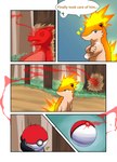 charmeleon comic countershading darrow0 english_text fire forest generation_1_pokemon generation_2_pokemon hi_res nintendo plant pokeball pokemon pokemon_(species) quilava speech_bubble text tree yuel