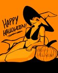 anthro clothing female fish food fruit halloween hat headgear headwear hi_res holidays marine pinup plant pose pumpkin shark shark_fin shark_tail smile smiling_at_viewer unnamed_character vexazygote witch_costume witch_hat