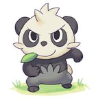 2014 3_fingers 3_toes anthro black_body black_fur feet fingers fist fur generation_6_pokemon grass grin half-closed_eyes japanese_description leaf male narrowed_eyes nintendo pancham plant pokemon pokemon_(species) smile smug solo toes white_body white_fur yoshitaka_hatakeyama