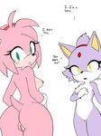 3:4 absurd_res accessory amy_rose anthro blaze_the_cat blush breasts butt duo eulipotyphlan felid feline female female/female forehead_gem fur gem genitals hand_on_own_breast headband hedgehog hi_res hikaridraws looking_away mammal medium_breasts pink_body pink_fur purple_body purple_fur pussy red_headband sega small_breasts sonic_the_hedgehog_(series)