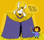 2015 anthro asgore_dreemurr ask-kingasgore beard blonde_hair boss_monster_(undertale) bovid cape caprine clothing crown dessert dialogue duo english_text facial_hair flower food frisk_(undertale) hair headgear horn human long_ears male mammal mature_anthro mature_male pastry pie plant source_request text undertale undertale_(series)