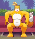 2024 5_fingers 5_toes abs angry_eyebrows anthro bench bench_tails black_nose blue_eyes canid canine featureless_crotch feet fingers fox male mammal miles_prower muscular open_mouth sega sitting solo sonic_the_hedgehog_(series) tails_gets_trolled titan_tails toes vaporotem