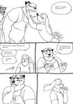 2023 after_kiss anthro apron bernielover biped blush canid canine clothing comic dialogue disney duo embarrassed english_text eye_contact fan_character fox gideon_grey hi_res humanoid_hands lagomorph leporid looking_at_another male male/male mammal monochrome nate_hopps overweight overweight_male rabbit red_fox shirt surprise surprised_expression tail tail_motion tailwag text topwear true_fox zootopia