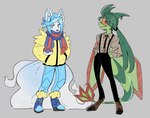 2_horns alolan_form alolan_ninetales alternate_species anthro anthrofied big_tail biped black_bottomwear black_clothing black_necktie black_pants blue_body blue_boots blue_bottomwear blue_clothing blue_eyes blue_footwear blue_fur blue_hair blue_inner_ear blue_pants blue_scarf blue_tail boots bottomwear brown_clothing brown_footwear brown_shoes canid canine clothed clothing colored digitigrade_footwear duo elite_four female femboy fluffy fluffy_tail flygon footwear fully_clothed fur furgonomic_footwear furgonomics furrification furry-specific_piercing generation_3_pokemon generation_7_pokemon glistening glistening_hair gradient_fur green_body green_hair green_scales grusha_(pokemon) gym_leader hair hclysword hi_res horn horn_piercing inner_ear_fluff insect_wings jacket long_sleeve_shirt long_tail male mammal membrane_(anatomy) membranous_wings monotone_body monotone_fur multi_tail multicolored_body multicolored_scales necktie nintendo no_shading pants piercing pokemon pokemon_(species) pokemorph red_body red_eyes red_scales red_scarf regional_form_(pokemon) rika_(pokemon) scales scalie scarf shoes smile smirk snout standing suspender_pant suspenders tail tomboy topwear tuft two_tone_body two_tone_scales white_body white_fur white_tail wings yellow_clothing yellow_jacket_(clothing) yellow_topwear