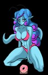 2014 alien animated antennae_(anatomy) artist_name big_breasts bikini blinking blue_body blue_eyes blue_hair blue_skin breasts cleavage clothed clothing female hair humanoid humanoid_pointy_ears kneeling logo long_hair low_res mirabelle multicolored_hair navel purple_hair riendonut short_playtime slim solo squigglevision swimwear tail thick_thighs two-piece_swimsuit