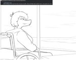 2024 4chan anthro baryonyx cavemanon_studios clothing dinosaur disability eyelashes female hair hi_res hoodie i_wani_hug_that_gator long_tail monochrome olivia_halford paraplegic prehistoric_species ratherdevious_(artist) reptile scalie short_hair sitting smile snout solo spinosaurid tail theropod topwear vehicle wheelchair