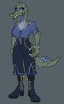 2024 5_fingers alligator alligatorid angry anthro beastofeuthanasia belt_buckle black_bottomwear black_clothing black_high_heeled_boots black_pants black_sclera blue_body blue_claws blue_dress_shirt blue_eyes blue_scales blue_tail boots bottomwear breasts buckle button_(fastener) claws cleavage clothed clothed_anthro clothed_female clothing colored crocodilian digit_ring digital_drawing_(artwork) digital_media_(artwork) english_description eyelashes eyewear female female_anthro finger_ring fingers footwear furrowed_brow furrowed_eyebrows gold_ring green_body green_scales green_tail grey_background hi_res high_heeled_boots high_heels jewelry monocle ms._misty non-mammal_breasts pants reptile ring rolled_up_sleeves scales scalie shaded sharp_teeth shoes simple_background simple_shading solo standing tail teeth three-quarter_view two_tone_tail