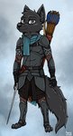 anthro armor bad_guy_cafe black_body black_fur blade canid canine canis fur grey_eyes luckyz_(moonmoon) male mammal melee_weapon scarf solo sword weapon wolf ziegelzeig