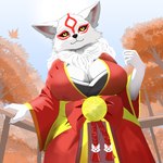 1:1 2023 amaterasu_(okami) anthro anthrofied big_breasts black_sclera breasts canid canine canis capcom cleavage clothed clothing clover_studio day deity detailed_background digital_drawing_(artwork) digital_media_(artwork) direlaxion female fur hi_res light looking_at_viewer looking_down looking_down_at_viewer low-angle_view mammal markings mythology okami_(capcom) outside plant portrait red_markings ribbons shaded signature smile solo sun sunlight text tree watermark white_body white_fur wolf yellow_eyes