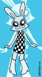 2023 anthro artist_name bent_leg black_clothing black_dress blue_background boots checkered checkered_clothing checkered_dress cheek_tuft closed_smile clothed clothed_anthro clothed_female clothing digital_drawing_(artwork) digital_media_(artwork) dress eyewear facial_tuft female female_anthro fingers flat_colors footwear front_view fur greengrizz hi_res high_heeled_boots high_heels lagomorph leporid long_ears mammal mouth_closed pattern_clothing pattern_dress rabbit shoes simple_background smile solo standing straight_arm sunglasses text tuft white_body white_clothing white_eyewear white_footwear white_fur white_high_heeled_boots white_inner_ear white_sunglasses