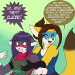 1:1 2015 anthro blue_eyes blush breast_grab breasts brown_body brown_fur brown_hair canid canine claire_o'conell cleavage clothed clothing dialogue domestic_cat duo english_text eyewear felid feline felis female female/female fennec_fox flirting fox fur glasses grabbing_from_behind grope groping_from_behind hair hand_on_breast mammal multicolored_body multicolored_fur purple_body purple_fur purple_hair red_eyes scarf sesame_akane skidd smile standing surprise tail text true_fox two_tone_body two_tone_fur uberquest white_body white_fur yellow_body yellow_fur