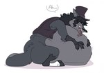 after_vore anthro belly belly_lick belly_squish canid canine canis clothing fur grey_body grey_fur hat headgear headwear hi_res hugging_belly indigested_omelette male mammal renargne_(indigested_omelette) solo squish text top_hat vore wolf