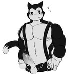 anthro balls blush clothed clothing digital_media_(artwork) domestic_cat epic_games felid feline felis fortnite genitals gloves handwear male mammal meowscles meowscles_(toon) monochrome nipples nude pecs pecs_with_breasts penis simple_background solo tail walalalala33