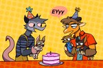 american_opossum birthday birthday_cake bovid brown_body brown_fur brown_hair cake canid canine canis caprine chihuahua clothing curled_hair curved_horn dessert domestic_dog eyewear facial_hair feral food fur glasses goatee grey_body grey_fur group hair half-closed_eyes happy_(happyroadkill) happyroadkill hat headgear headwear hi_res horn male mammal marsupial moche_(mocheccino) multicolored_body multicolored_fur narrowed_eyes open_mouth open_smile overalls party_hat pink_body pink_sclera pink_skin sharp_teeth sheep smile teeth toy_dog two_tone_body two_tone_fur