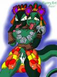 2_heads 3:4 aztec bottomwear clothed clothing coatlicue fantasy female green_eyes hi_res monster multi_head panties por_furryart reptile scalie skirt snake solo underwear upskirt