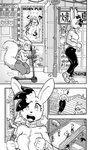 anthro bedroom_eyes bovid bovine breasts butt cattle cleavage clothed clothing comic container cookie_(furryfight_chronicles) cup daigaijin duo female furryfight_chronicles glistening glistening_clothing heart_symbol hi_res lagomorph leggings legwear leporid mammal monochrome muko narrowed_eyes navel open_mouth rabbit scooter seductive text tight_clothing