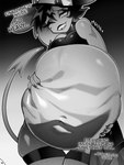 3:4 abdominal_bulge after_vore anthro belly big_belly comic dialogue duo female helluva_boss hi_res male male/female male_prey millie_(helluva_boss) monochrome moxxie_(helluva_boss) oral_vore same_size_vore vore voremaxx