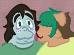 ambiguous_gender anthro bearded_collie blush blush_lines brown_body brown_fur brown_hair canid canine canis cheek_tuft clothing domestic_dog duo facial_tuft fur green_clothing green_hair green_shirt green_topwear grey_body grey_skin hair herding_dog hi_res licking male male/male male_(lore) mammal manatee marikedrawinge marine markings mole_(marking) multicolored_hair obscured_eyes pastoral_dog percy_(magnetiorchid) samuel_(nonbearnary) shirt simple_background sirenian tongue tongue_out topwear tuft