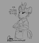 2022 anthro apron beverage buckteeth clothed clothing dialogue digit_ring dress drinking_straw ear_piercing english_text female frown fully_clothed greyscale guide_lines hair hair_bun half-closed_eyes it's_on_the_mouse jewelry mammal meme monochrome mouse murid muriel_(omny87) murine narrowed_eyes notebook object_on_head omny87 open_mouth pen piercing ring rodent rolled_up_sleeves sketch solo teeth text text_on_apron text_on_clothing three-quarter_view url waiter wedding_ring whiskers