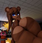 3d_(artwork) anthro background_character bear big_butt blue_eyes brown_body brown_fur butt clazzey cryptiacurves cupcake cupcake_(fnaf) detailed_background digital_media_(artwork) endoskeleton fazclaire's_nightclub female five_nights_at_freddy's flabbergasted food freddy_(fnaf) fredina's_nightclub fredina_(cally3d) frenni_fazclaire funny_face fur glowing glowing_eyes hi_res huge_butt humor inko_blue looking_at_viewer mammal meme multicolored_body multicolored_fur presenting presenting_hindquarters scottgames smile smiling_at_viewer solo thick_thighs two_tone_body two_tone_fur