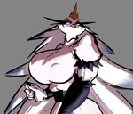 anthro avian beak big_breasts bird breasts clothed clothing crown demon digital_media_(artwork) erect_nipples feathers female hair headgear helluva_boss hi_res looming nipple_outline nipples owl owl_demon solo stella_(helluva_boss) thegoo white_body