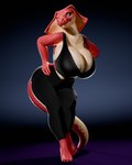 3d_(artwork) 4:5 absurd_res anthro big_breasts blue_eyes bottomwear bra breasts cleavage cleavage_overflow clothed clothing cobra digital_media_(artwork) ember_(f-euphrates) f-euphrates feet female fingers hi_res huge_breasts non-mammal_breasts pants red_body red_scales reptile scales scalie simple_background smile snake snake_hood solo sports_bra tail thick_tail thick_thighs underwear wide_hips yoga_pants