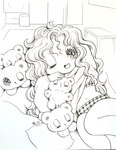 bear clothing detailed_background eyelashes eyes_closed female feral fur group hair hi_res human mammal navel one_eye_closed open_mouth open_smile pillow sleeping smile sparkles sparkling_eyes sweater topwear wavy_hair yurie_sekiya