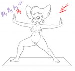 2018 anthro breasts disney domestic_cat ear_piercing english_text felid feline felis female genitals goof_troop hair half-closed_eyes hi_res looking_at_viewer mammal narrowed_eyes nipples peg_pete piercing pubes pussy signature simple_background solo text wastedtimeee white_background yoga yoga_mat