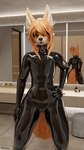 4k 9:16 absurd_res anthro bathroom biped butt canid canine clothing collar femboy fox hi_res kurolatex latex latex_clothing latex_skinsuit looking_at_viewer male male_anthro mammal mirror mirror_reflection rear_view reflection skinsuit solo thebestfox tight_clothing